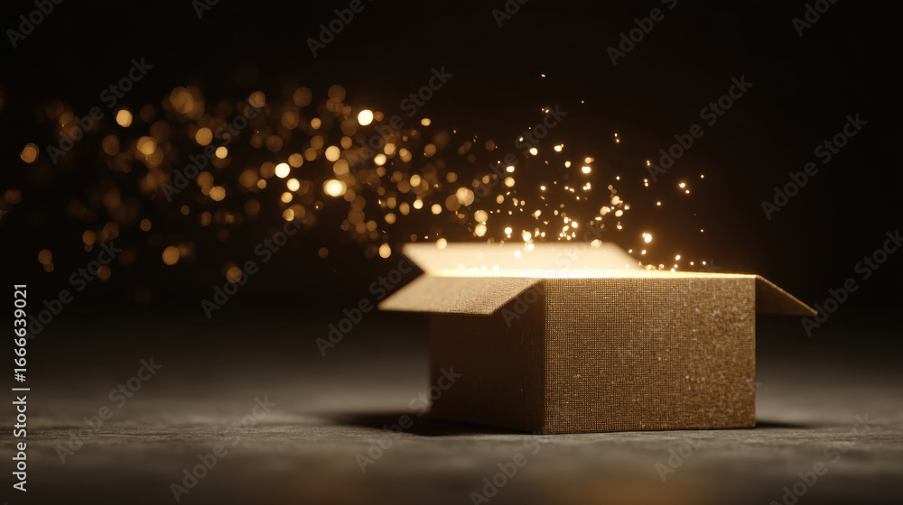 Poster golden box emits sparkling light, creating magical atmosphere. shimmering particles float in air, en