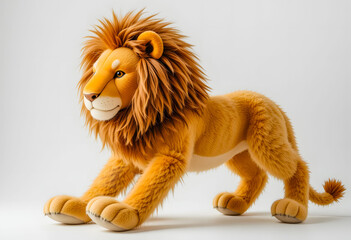 Obraz premium A cute and realistic 3D cartoon lion standing on all fours, with a soft, plush texture against a clean white background.