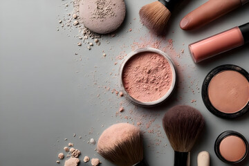 Flat lay arrangement of makeup products, including brushes and powders, on a neutral background, showcasing beauty essentials for everyday use.