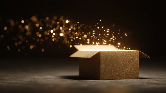 Golden box emits sparkling light, creating magical atmosphere. shimmering particles float in air, enhancing sense of wonder and excitement