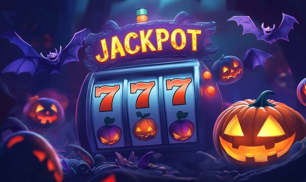 Slot machine displaying a winning combination of 777 with halloween pumpkins and bats flying around, creating a spooky gambling atmosphere