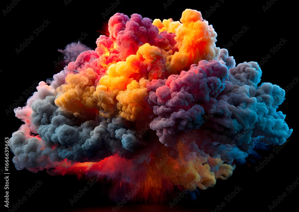Poster a vibrant and colorful explosion of smoke in various hues, creating a captivating visual display aga