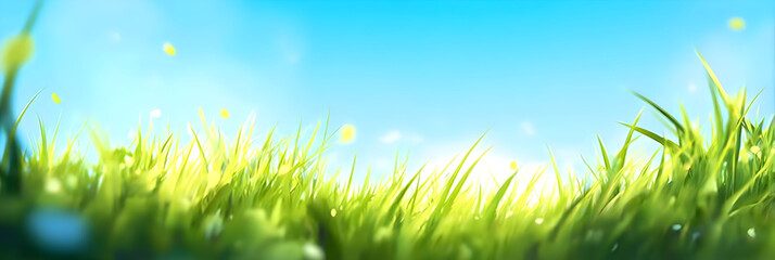 Obraz premium A vibrant green grass field under a bright blue sky captures the essence of nature's beauty, ideal for promoting environmental consciousness.