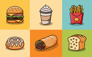 Set of 6 Cute Cartoon Foods in Grid Layout Hamburger Coffee Fries Cinnamon Roll Burrito Bread