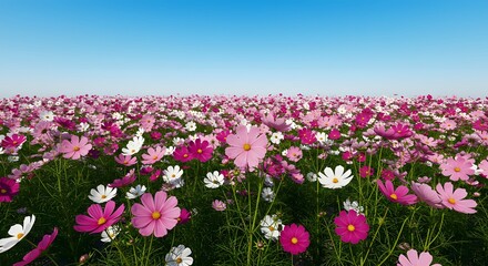 Field of cosmos flowers under a clear sky pink magenta  white blossoms in green stems covering the landscape