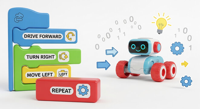 Colorful toy robot with coding blocks, illustrating programming concepts like drive, turn, move, and repeat actions, symbolizing STEM education and robotics - Powered by Adobe