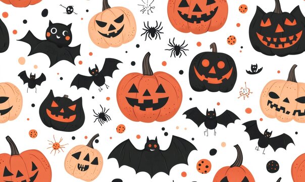 Seamless pattern with pumpkins, bats and spiders flying on white background, creating a spooky and festive halloween atmosphere