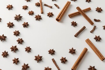 Cinnamon sticks paired with dried star anise on a white surface