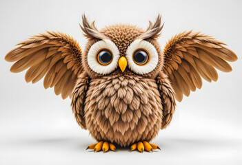 Obraz premium Adorable 3D cartoon owl plush toy with soft, realistic feathers and big eyes on a clean white background.