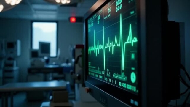 Real Time ECG Monitor Display Showing Heartbeat Waveform on Arrival. Medical EKG Screen Graphic.