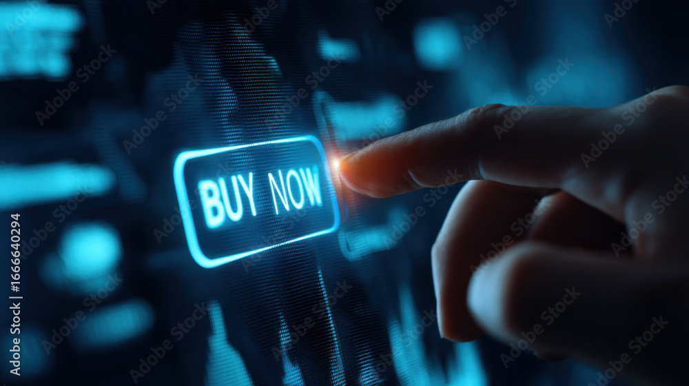 Poster hand pressing glowing buy now button on digital interface, symbolizing online shopping and e commerc
