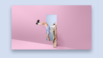 Surreal collage of woman leg stepping through pastel pink wall doorway in playful scene. Concept of creative fashion, minimal art, imagination, youthful energy. Idea of web design 2.0, digital visuals