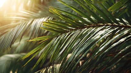 Close-Up Oil Palm Leaves with Sunlight Shining Through