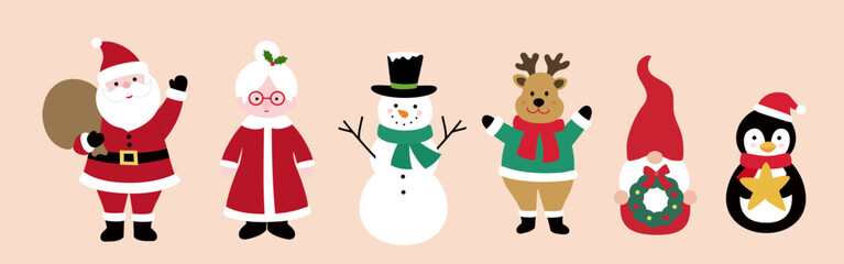 Hand drawn winter Christmas characters flat stock vector illustration Set.
Collection of Santa Claus, Mrs. Claus,snowman,reindeer, gnome,penguin.
Design for greeting card, poster, invitation.