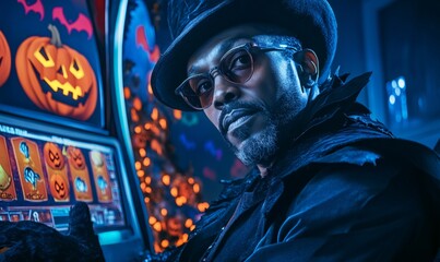 Gambler wearing halloween costume playing slot machine with themed symbols in dark casino