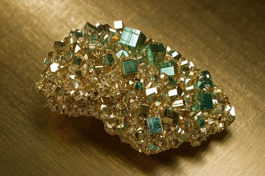Cluster of cube-shaped crystals with shimmering golden-green hues. The mineral known as iron pyrite or fool's gold, an iron sulfide compound.