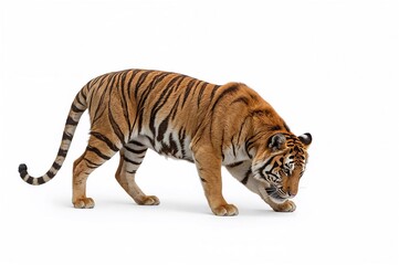 Fototapeta premium A majestic tiger on a white background with a transparent path, focused intently on its target. The theme centers around predatory behavior.