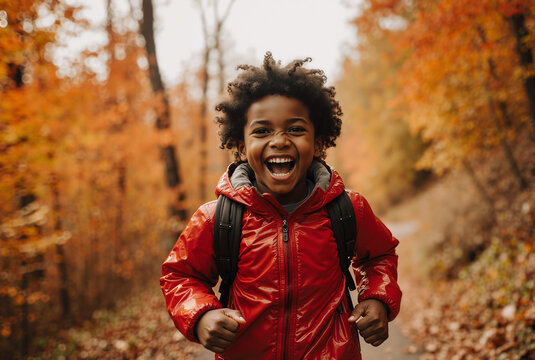 joyful afro-american child exploring autumn forest in red jacket with vibrant fall foliage and happiness