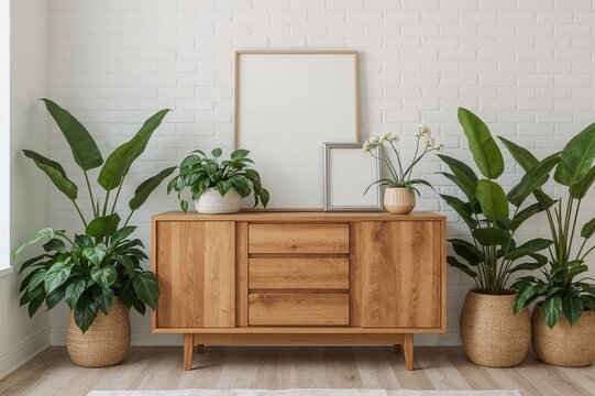 Chest of drawers with picture frame and assorted indoor plants against a white brick wall in the lounge