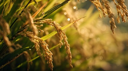 Close-Up View of Rice Plants with Golden Grains Under Sunlight