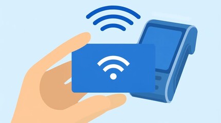 Contactless payment card with wireless signal near payment terminal for fast digital transaction using credit technology - Powered by Adobe