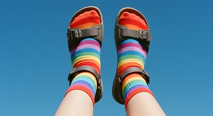 Two legs with colorful rainbow socks and sandals angled up against a bright blue sky