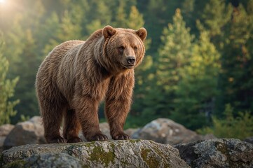 Fototapeta premium Wildlife scene featuring a brown bear perched on a stone.