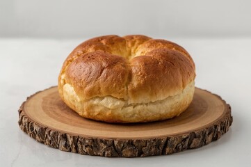 Freshly baked bun resting on a wooden plank