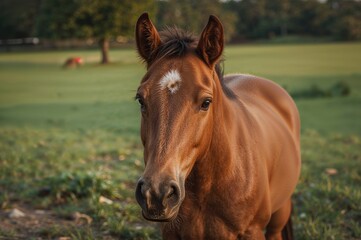 Naklejka premium Portrait of a bay-colored horse with a star-shaped mark on its forehead in a countryside environment
