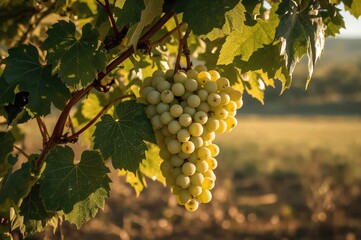 Fototapeta premium Cluster of mature white grapes hanging on a vine in a rural setting, seasonal harvest, fresh produce, vineyard leaves, late summer, garden fruits
