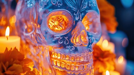 Large sugar skull ice sculpture glowing with LED lights, surrounding candles and marigold decorations, modern Día de los Muertos festival event
