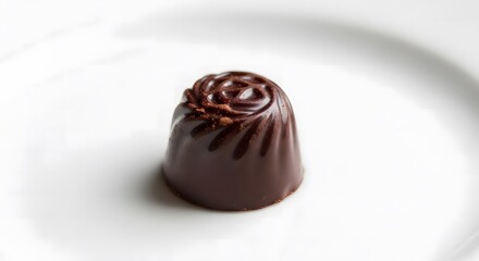 A single dark chocolate truffle with a swirl on top, presented on a white plate