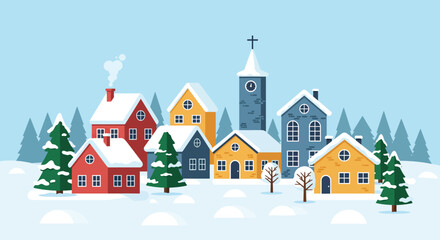 Winter village scene with houses church steeple snowcovered roofs and ground evergreen trees and a pale blue sky