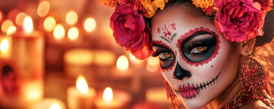 Woman wearing calavera makeup for day of the dead celebration posing with candles in background