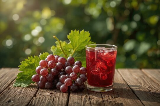 Glass of grape juice and a cluster of red grapes on a rustic wooden table, a refreshing natural antioxidant drink