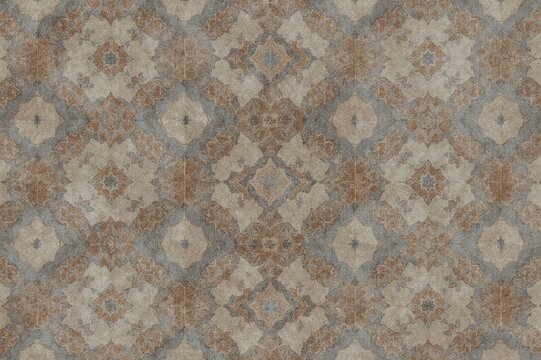 Brown and blue geometric patchwork design on porcelain stoneware tiles with a concrete cement wall texture background banner panorama
