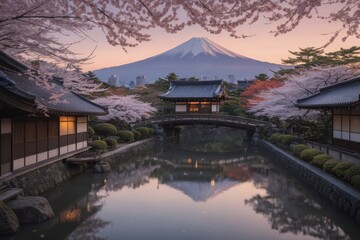 Fototapeta premium Friedliche japanische Landschaft mit Kirschblüten, traditionellem Haus und dem Berg Fuji im Hintergrund bei Sonnenuntergang