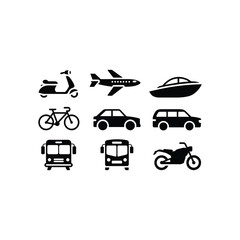 Diverse set of transportation icons including scooter bicycle car airplane bus motorcycle and boat