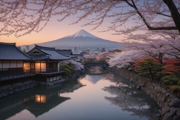 Fototapeta premium Friedliche japanische Landschaft mit Kirschblüten, traditionellem Haus und dem Berg Fuji im Hintergrund bei Sonnenuntergang