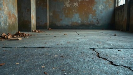 A Ground-Level Perspective of a Cracked Concrete Floor in an Abandoned Building with Debris Scattered About