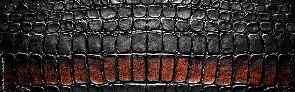 Poster a close-up view of textured black and brown reptile skin, showcasing intricate patterns and a glossy
