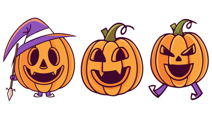 Funny Halloween Pumpkin Cartoon Characters – Cute Jack-O’-Lanterns with Witch Hat and Scythe