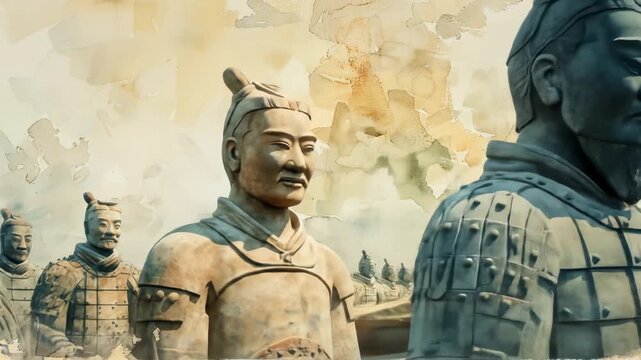 A watercolor painting of the ancient Chinese Terracotta Army, symbolizing history, art, and heritage