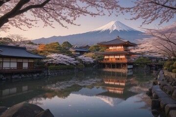 Obraz premium Friedliche japanische Landschaft mit Kirschblüten, traditionellem Haus und dem Berg Fuji im Hintergrund bei Sonnenuntergang