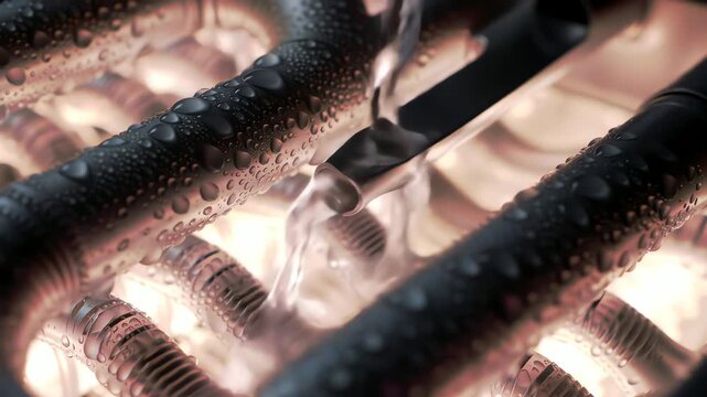 the labyrinth of an intercooler, air channels glowing with condensation droplets as temperature shifts from red to icy blue