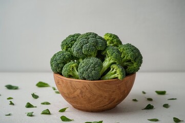 Green broccoli florets served in a rustic wooden bowl on a table, highlighting a healthy and organic lifestyle meal