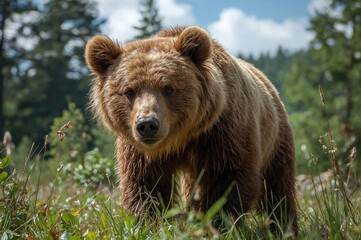 Fototapeta premium Wild Brown Bear Roaming in a Scenic Nature Reserve