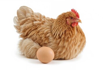 Domestic brown hen with egg on plain backdrop, concept of poultry farming.