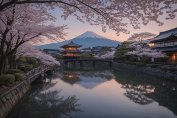 Obraz premium Friedliche japanische Landschaft mit Kirschblüten, traditionellem Haus und dem Berg Fuji im Hintergrund bei Sonnenuntergang