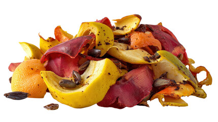 Food waste with discarded fruit skins and seeds background isolated on a Transparent background, PNG file.